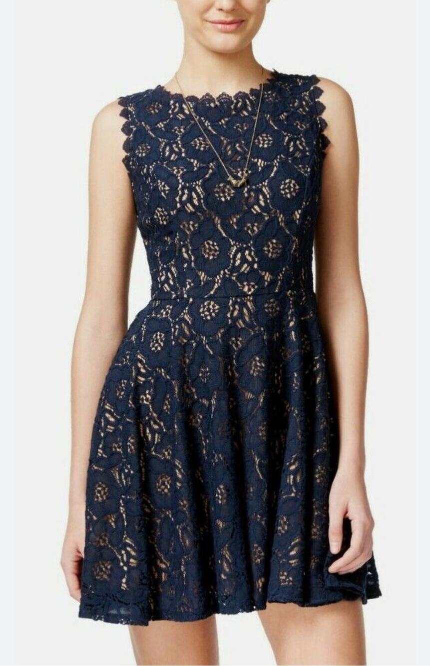 City Studio Dress JRS S Navy Blue Floral Lace Mini Fit & Flare Romantic Coquette